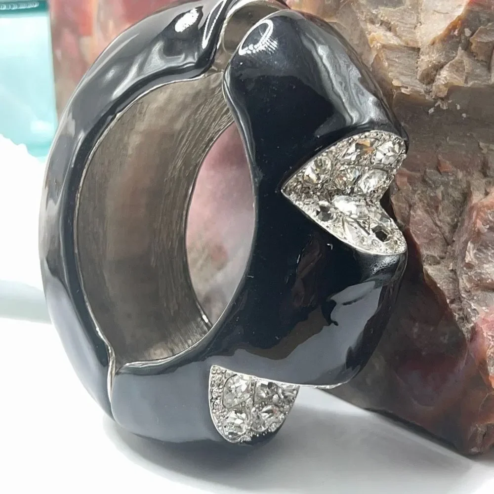 Black & Crystal Inset Dome Hinged Bangle Bracelet - Picture 4 of 13